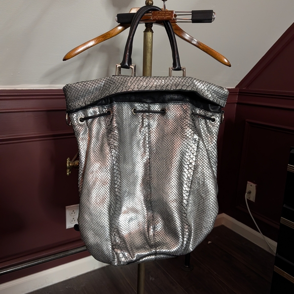 Barbara Bui Handbags - Barbara Bui Genuine Snakeskin Exotic Silver Leather Bucket Bag LARGE Italian